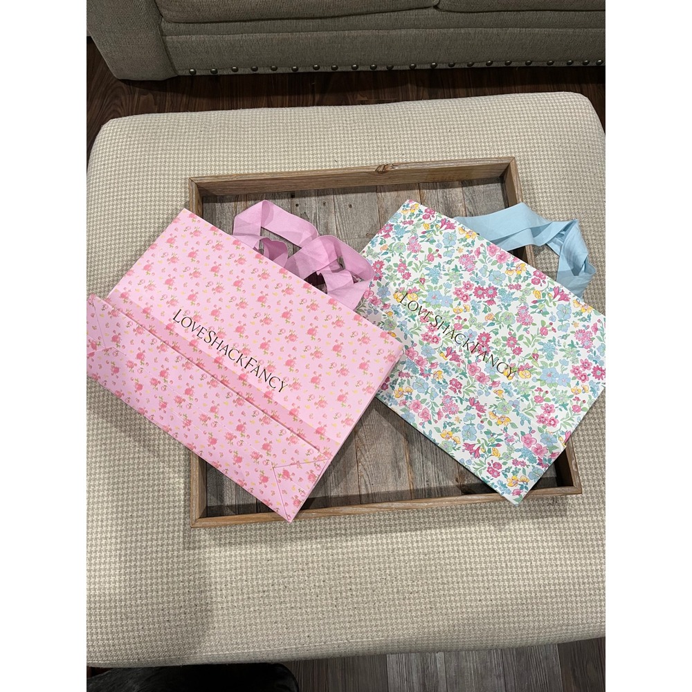 LoveShackFancy Floral Shopping Bags Set of 2 Pink Blue Ribbon Handle Large